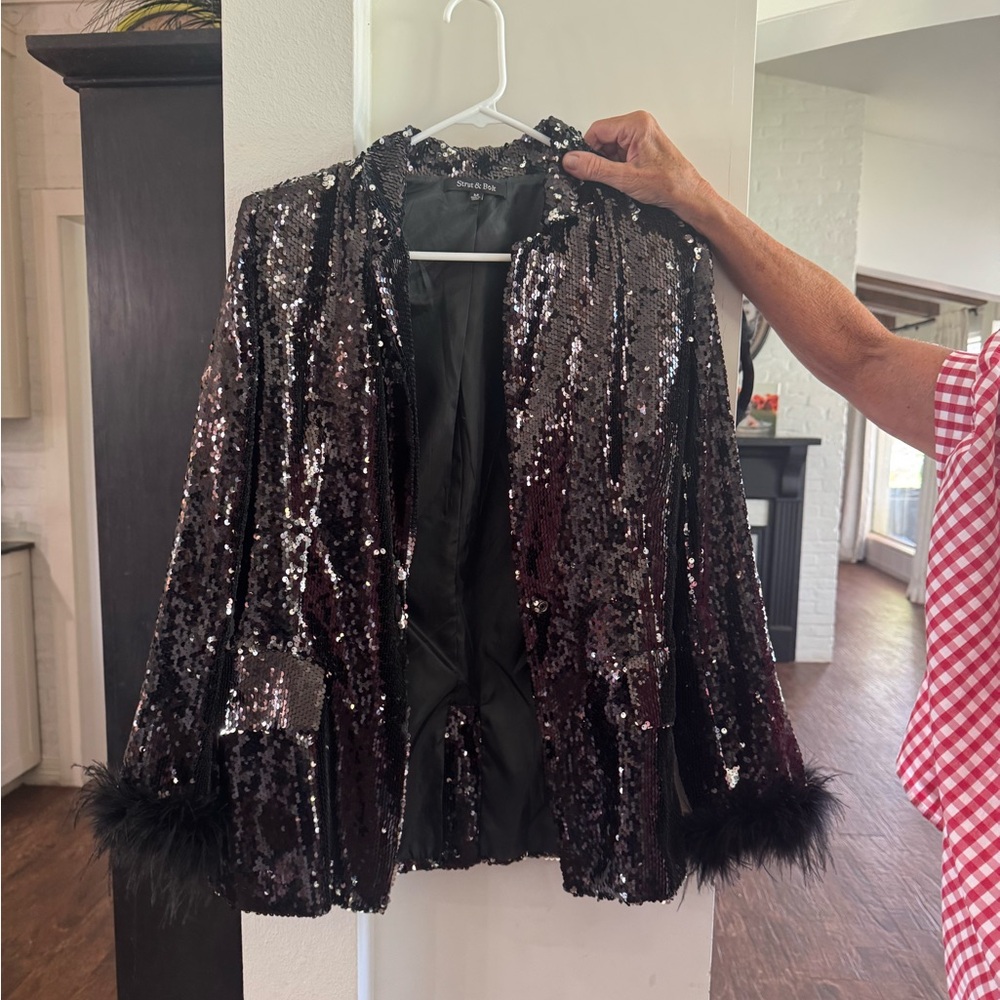 Black Sequin Blazer Jacket with Feather Trim
